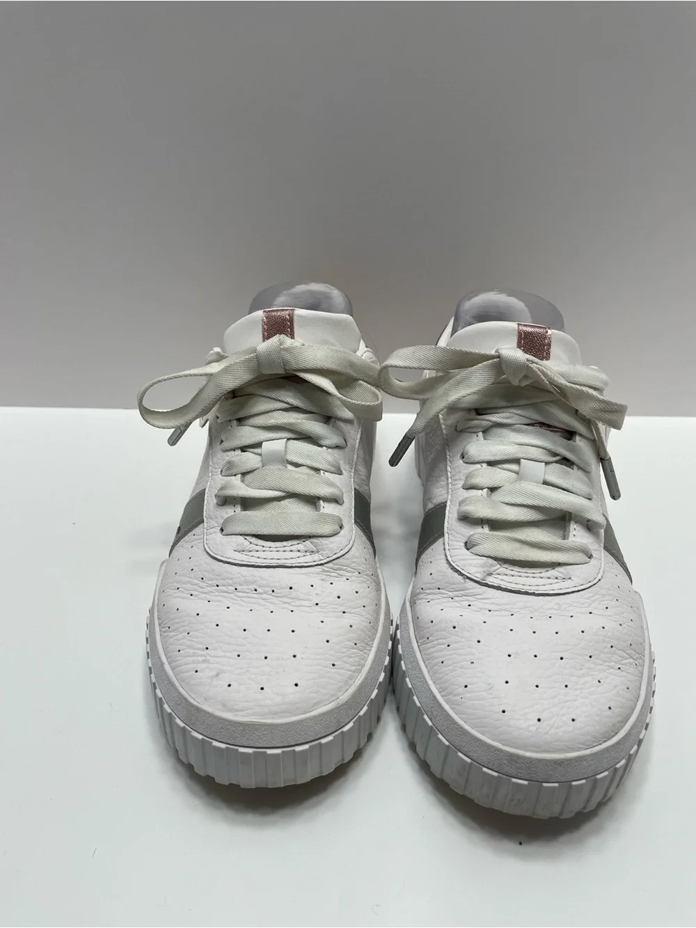 Women’s 7.5 Puma Cali Hacked White with gold and silver accents